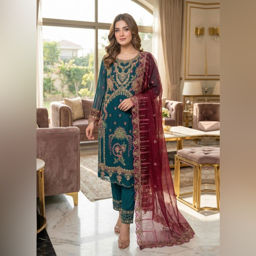 Elegant Teal and Burgundy Embroidered Kurta Set